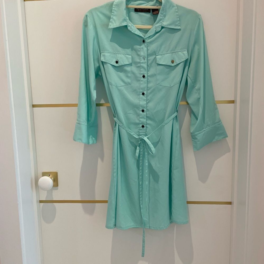 SPEED Control Aqua Turquoise Lightweight Long Sleeve Shirt Dress Button Belted